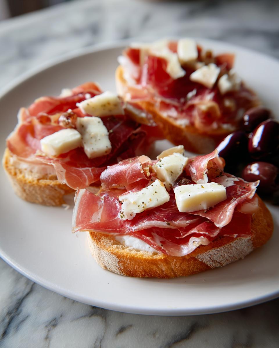 Tres tapas para feria de abril con jamón serrano y queso sobre pan en un plato blanco