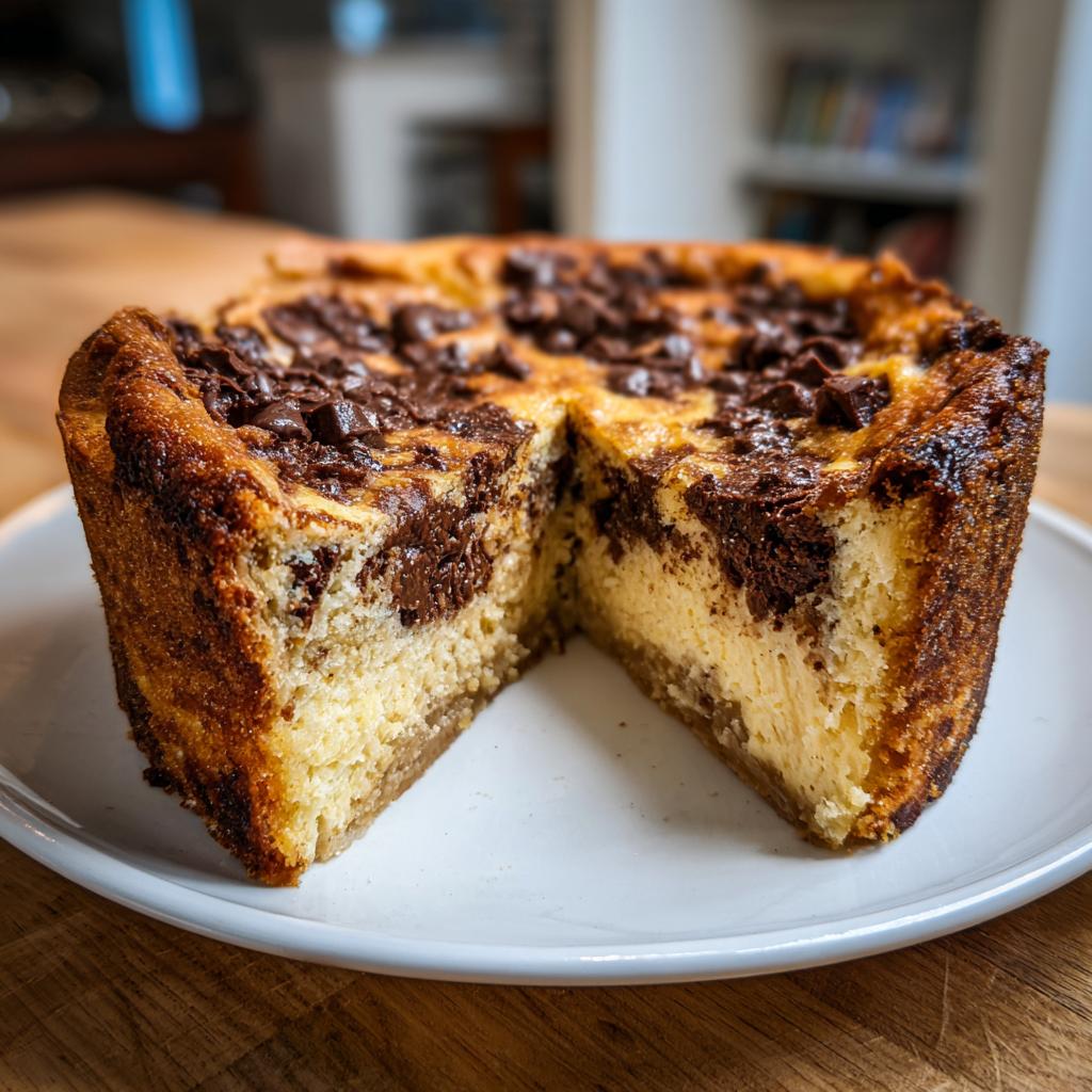 Tarta caótica con mezcla de chocolate y queso crema en un plato blanco