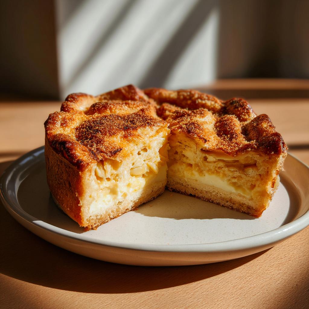 Tarta casera de postres de Pascua con corte que muestra relleno cremoso y capa dorada