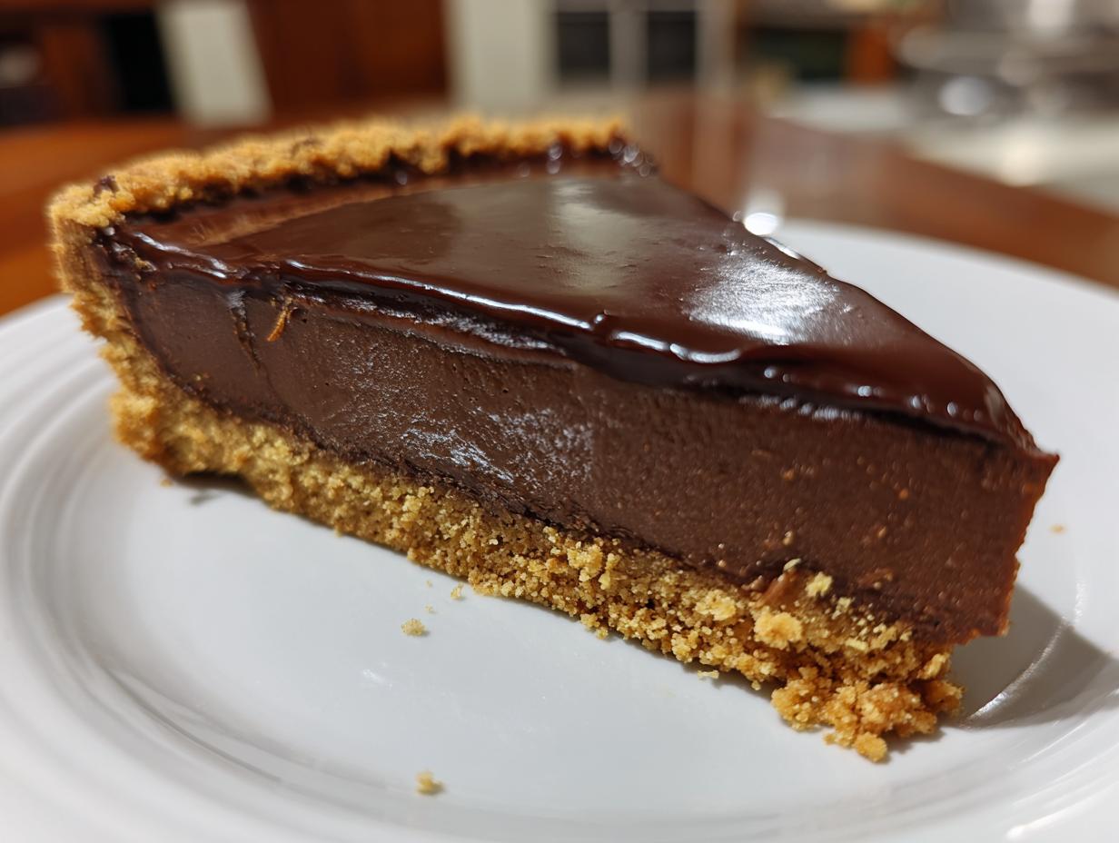 Porción de tarta con base de galleta y relleno cremoso de chocolate para postres de Pascua con chocolate