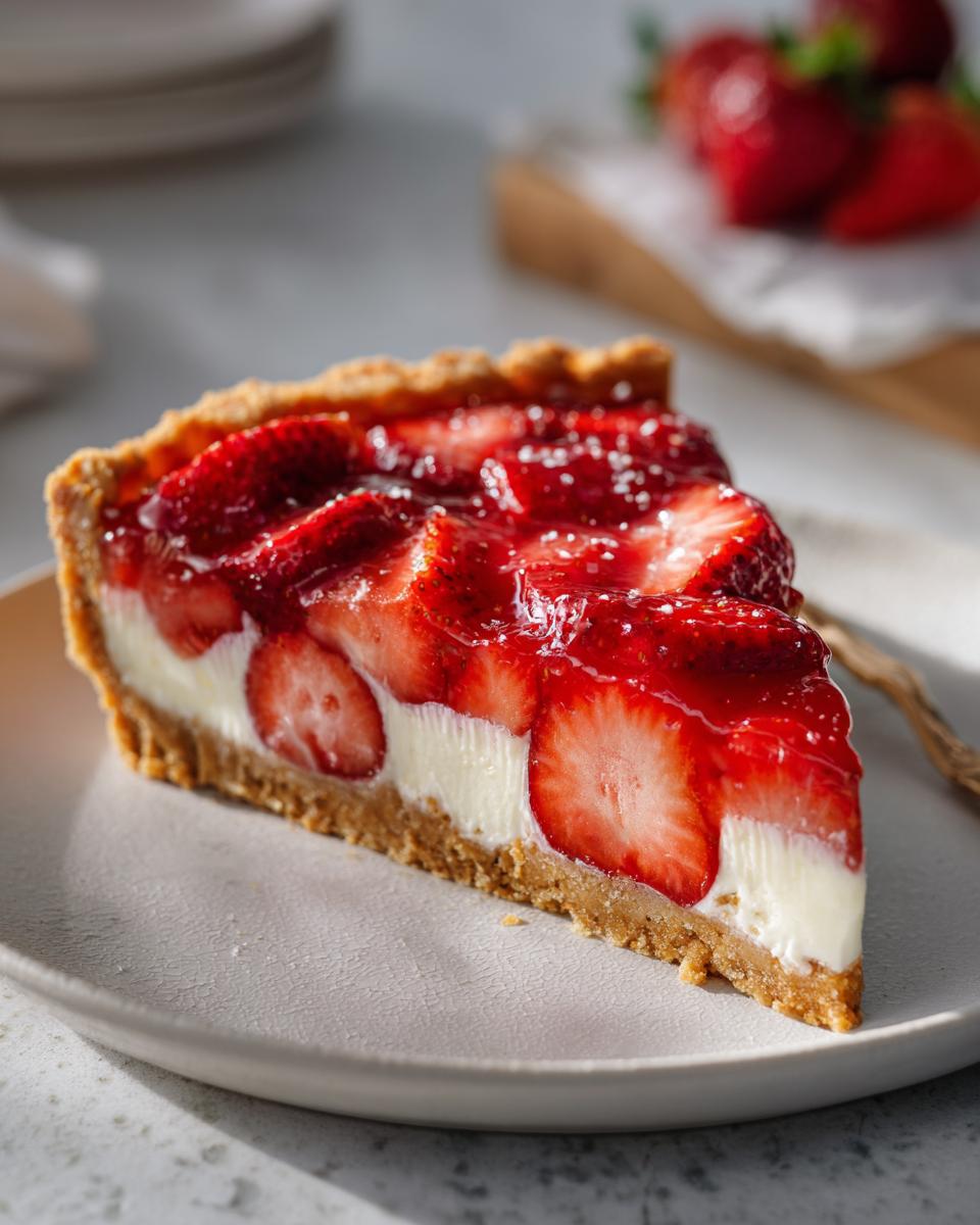 Porción de tarta de fresas sin horno con fresas frescas y crema en plato beige