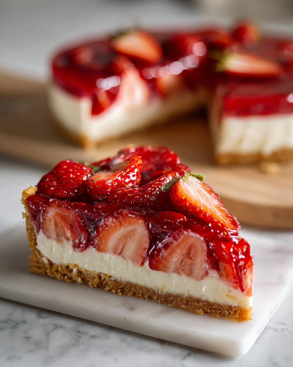 Porción de tarta de fresas sin horno con fresas frescas y crema sobre base de galleta