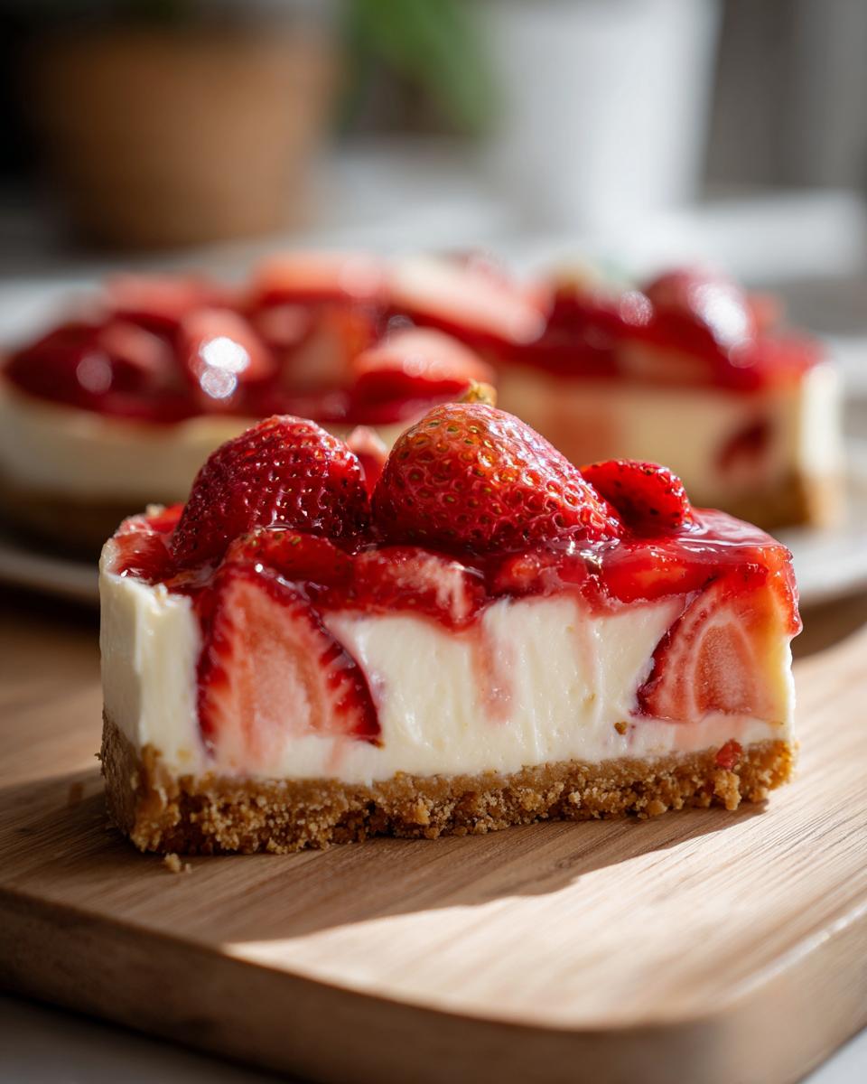 Porción de tarta de fresas sin horno con fresas frescas, crema y base de galleta en tabla de madera.