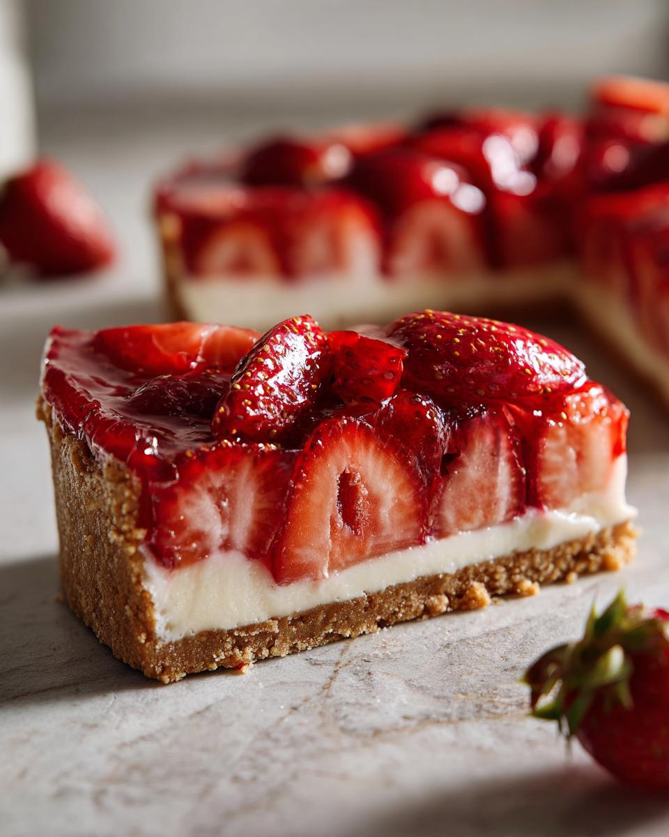 Porción de tarta de fresas sin horno con fresas frescas y crema sobre base de galleta