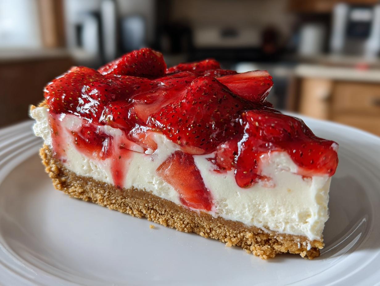 Porción de tarta de fresas sin horno con fresas frescas y base de galleta en plato blanco