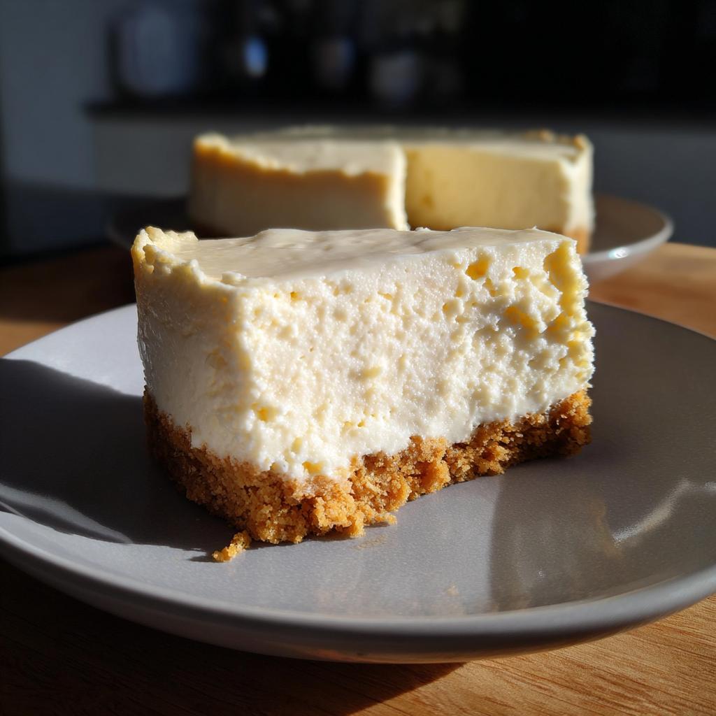 Porción de tarta fría cremosa con base de galleta, ideal para postres sin horno.