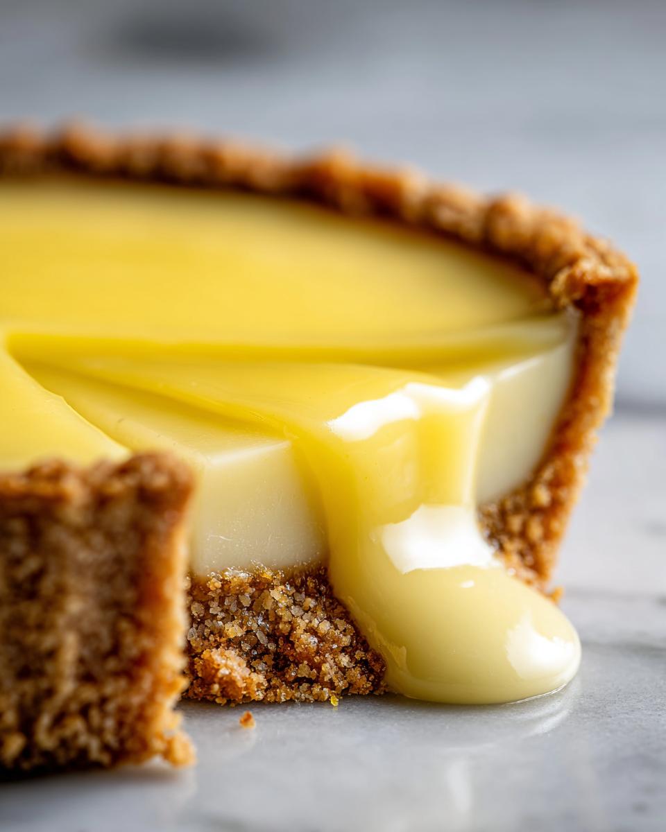 Tarta de limón con base de galleta y relleno cremoso derramándose