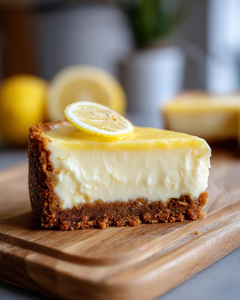 Porción de tarta de limón cremosa con base de galleta y rodaja de limón encima.