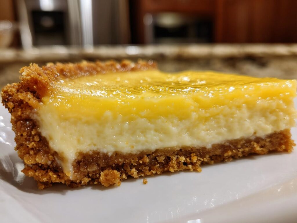 Rebanada de tarta de limón con base crujiente y relleno cremoso, postres con limón fáciles