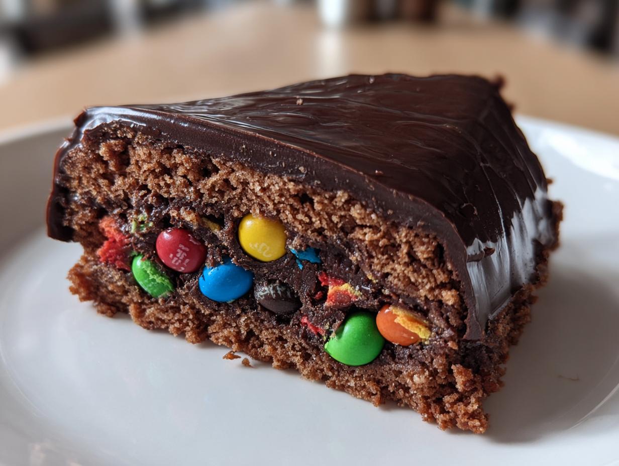 Rebanada de tarta piñata de chocolate sorpresa con cobertura brillante y caramelos de colores en el interior.