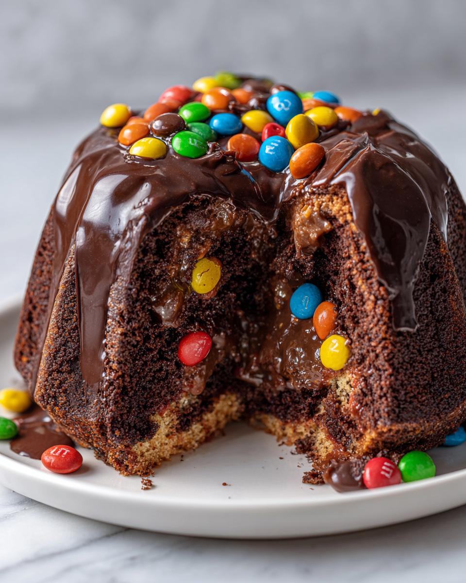 Tarta piñata de chocolate sorpresa con cobertura de chocolate y caramelos de colores en el interior y encima