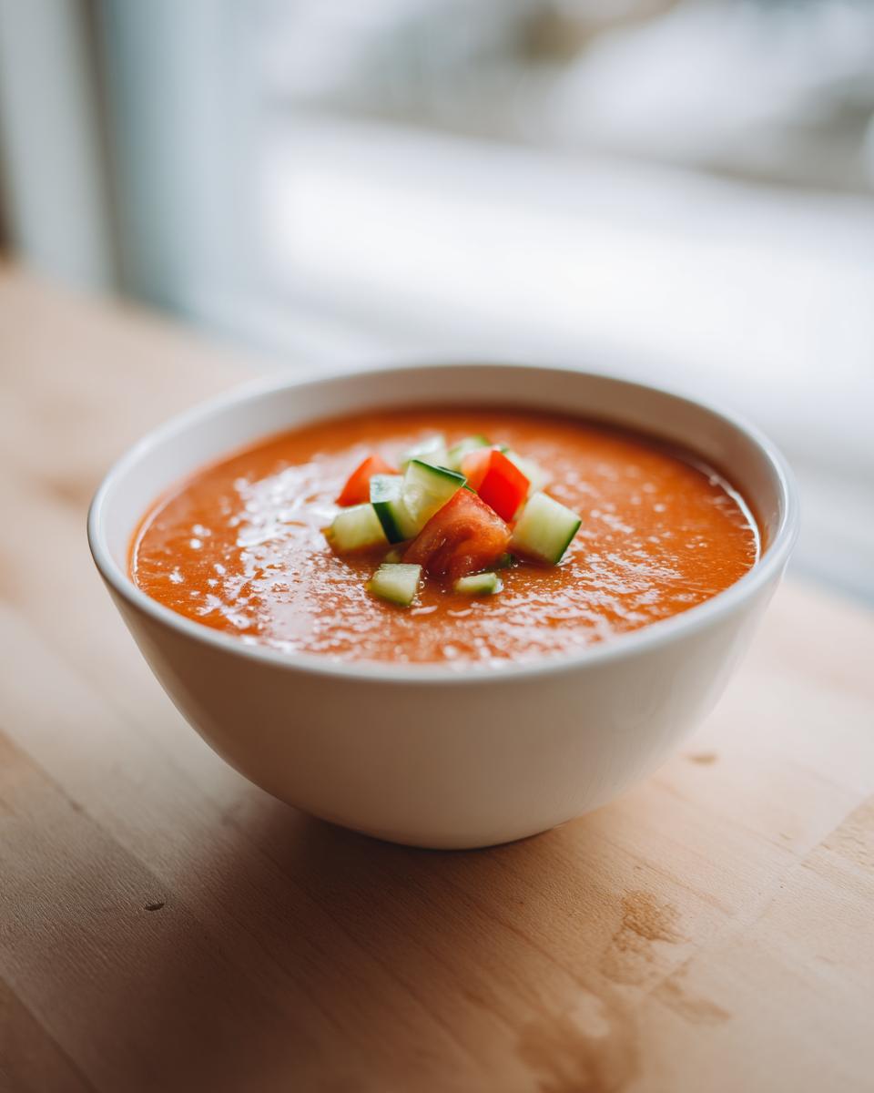 Tazón blanco con gazpacho andaluz fácil decorado con trozos de tomate y pepino.