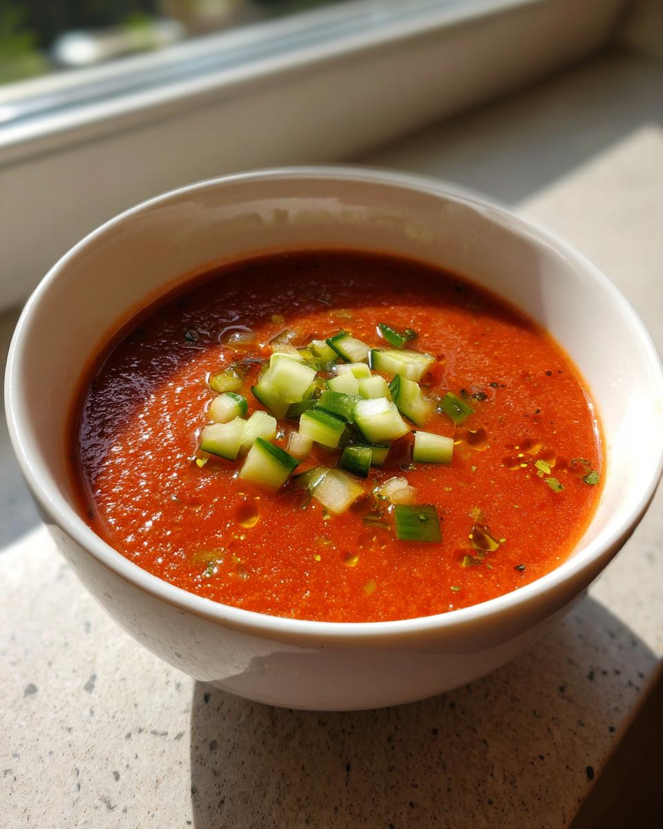 Tazón blanco con gazpacho de primavera rojo decorado con trozos de pepino fresco.
