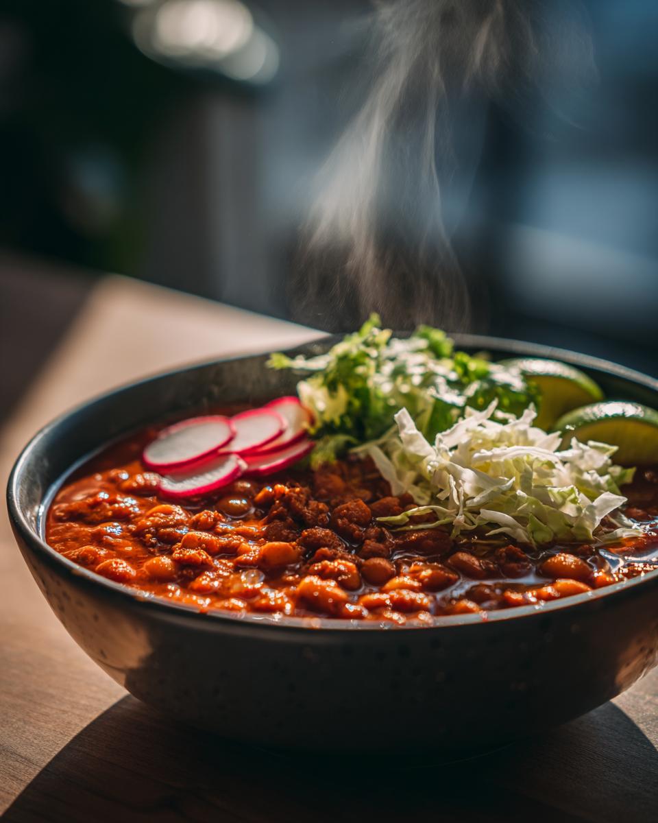 Tazón humeante de pozole rojo con carne, rábanos, lechuga y limón.