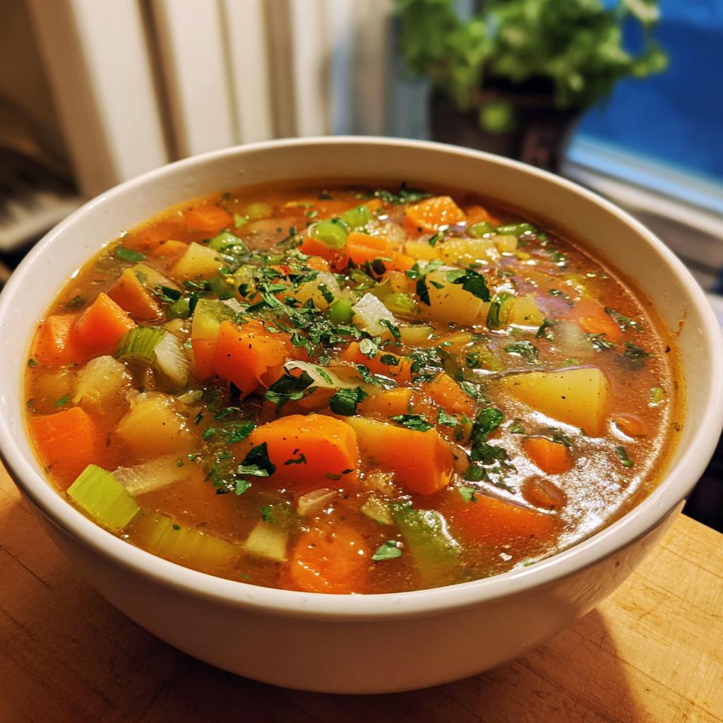 Tazón blanco lleno de sopa de verduras con zanahorias, apio y papas, decorada con perejil picado.