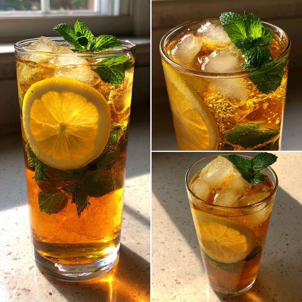 Vaso de té frío casero con rodaja de limón, hojas de menta y hielo sobre mesa clara.
