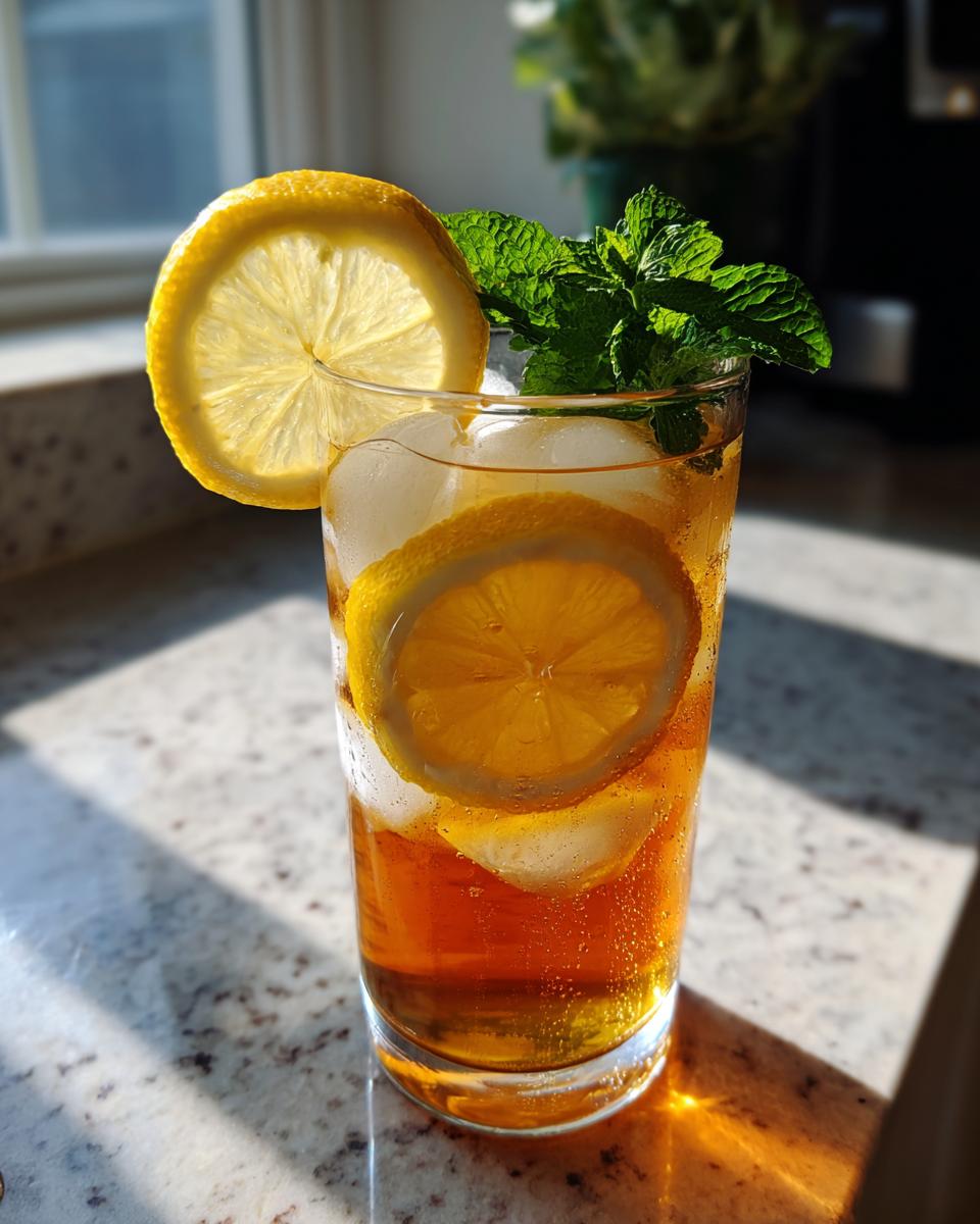 Vaso de té frío casero con hielo, rodajas de limón y hojas de menta fresca