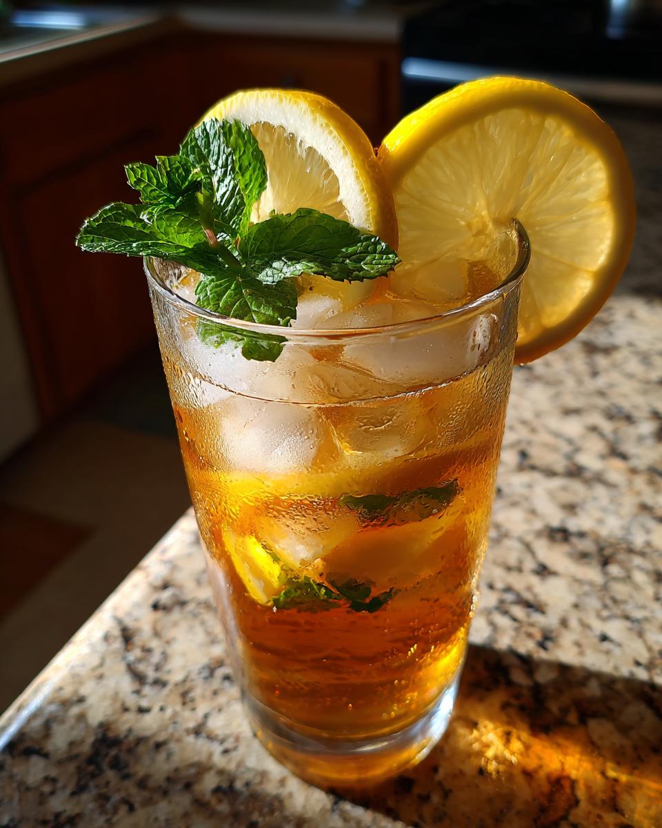 Vaso de té frío casero con hielo, rodajas de limón y hojas de menta fresca