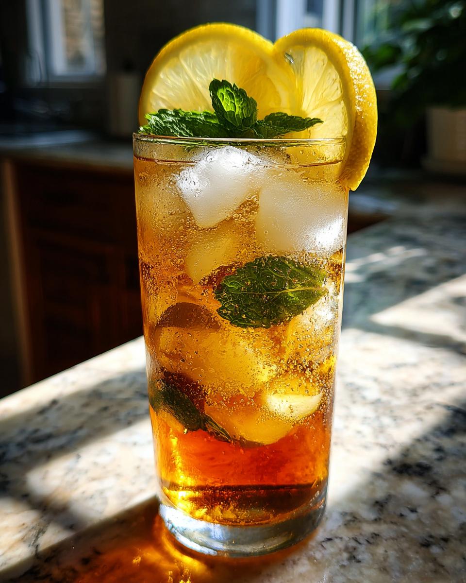 Vaso alto con té frío casero, cubos de hielo, rodajas de limón y hojas de menta fresca.