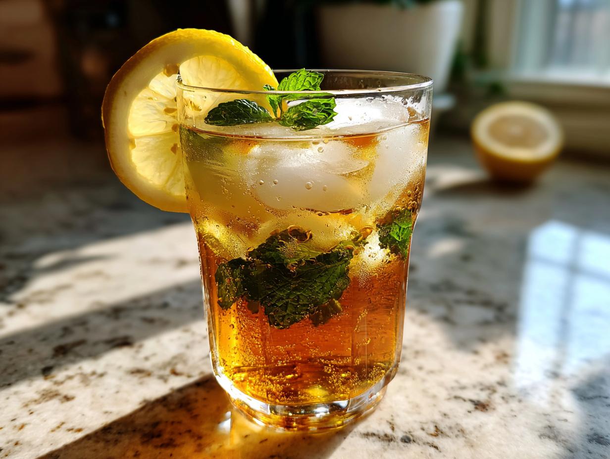 Vaso de té frío casero con hielo, rodaja de limón y hojas de menta sobre mesa clara