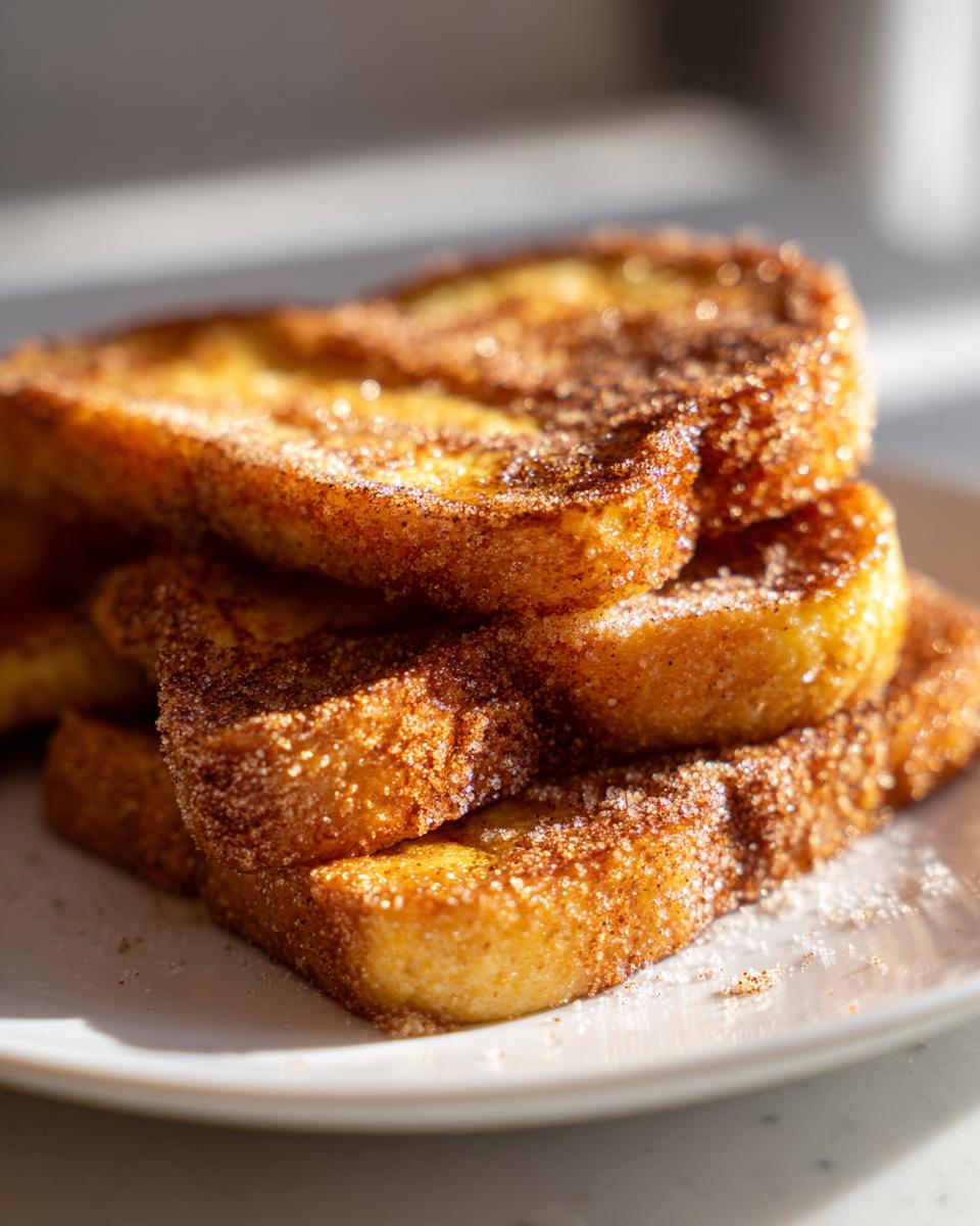 Primer plano de torrijas caseras doradas espolvoreadas con canela y azúcar en un plato blanco.