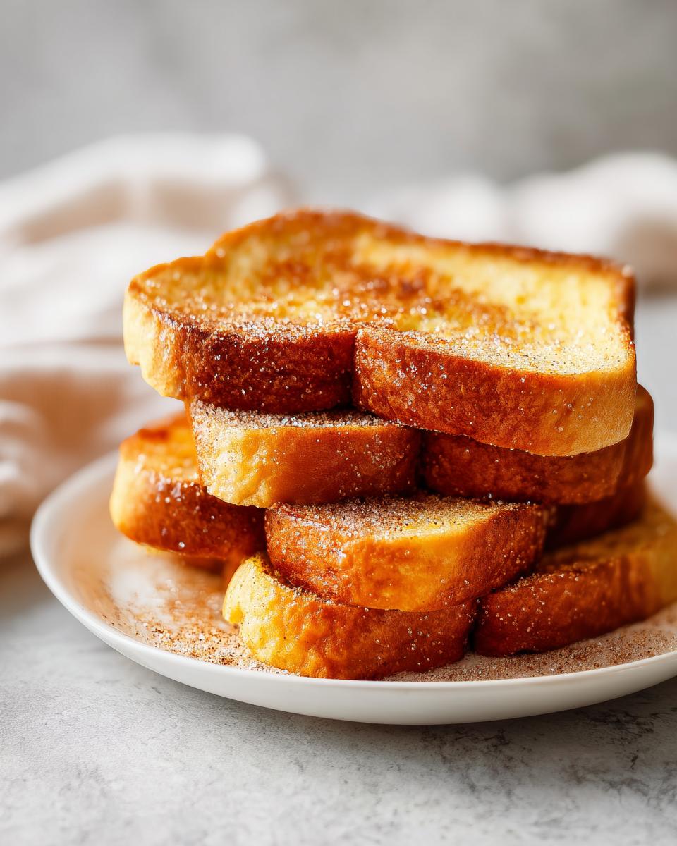 Pila de torrijas caseras doradas con azúcar espolvoreada en un plato blanco.