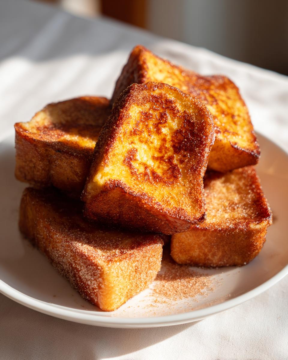Plato con varias torrijas caseras doradas y espolvoreadas con azúcar y canela