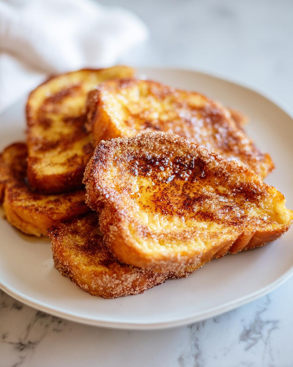 Plato con varias torrijas caseras doradas y espolvoreadas con azúcar y canela.
