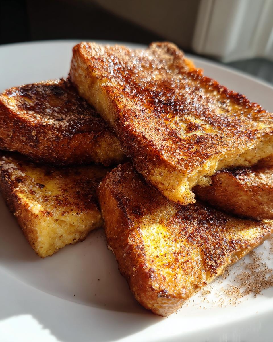 Plato con varias torrijas caseras doradas y espolvoreadas con azúcar y canela