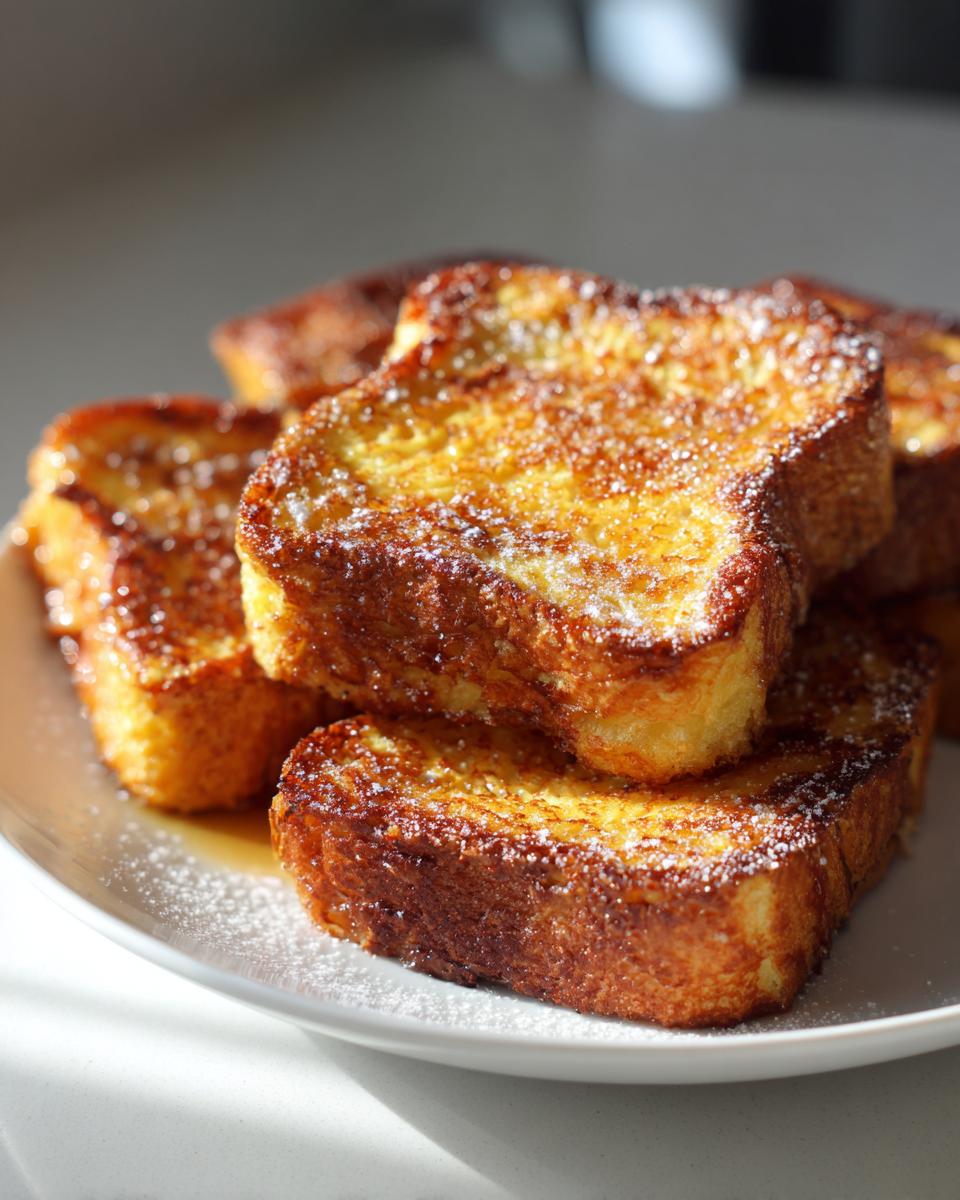 Plato con varias torrijas doradas y espolvoreadas con azúcar, típicas recetas de Semana Santa