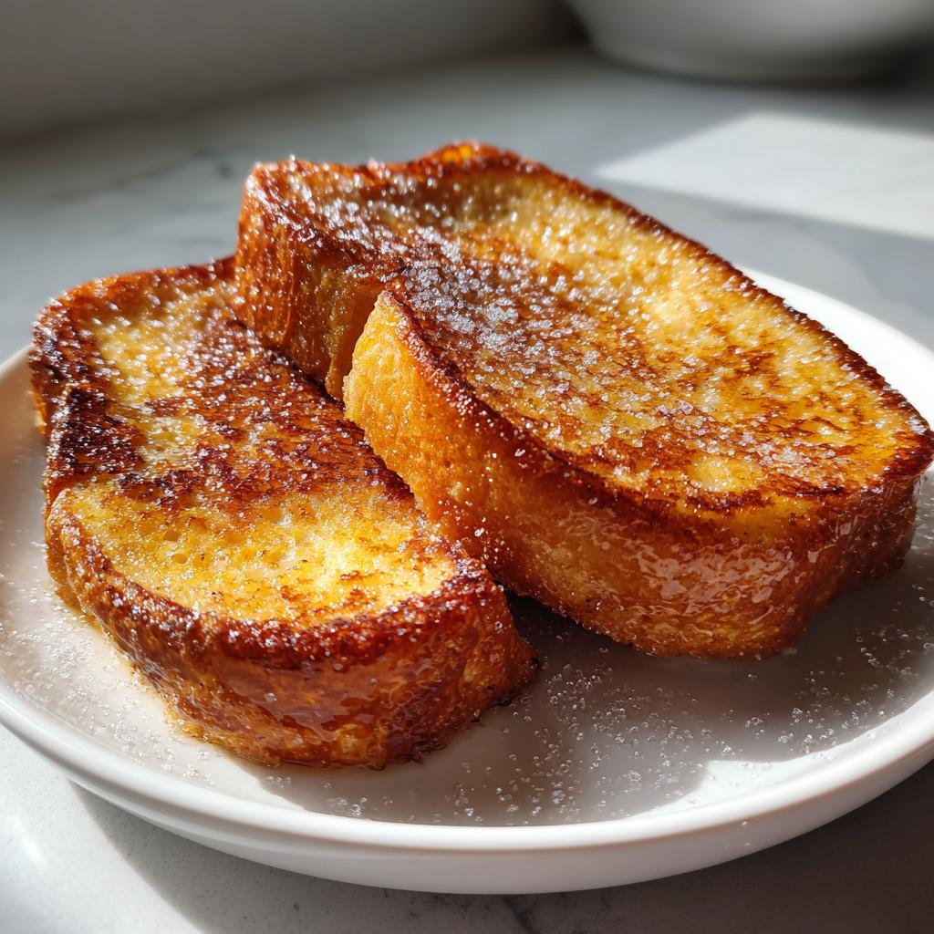 Dos torrijas doradas con azúcar espolvoreada en un plato blanco, típicas recetas de Semana Santa