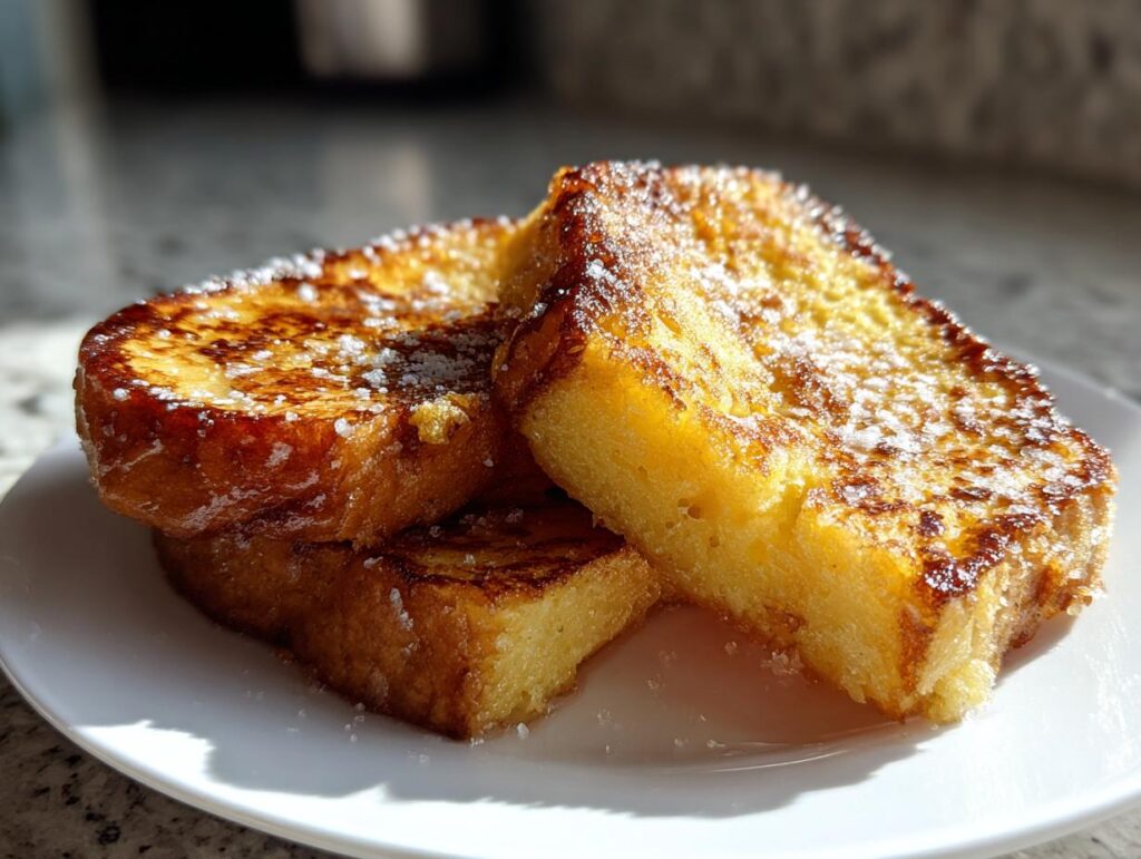 Plato con torrijas doradas espolvoreadas con azúcar, típicas recetas de Semana Santa