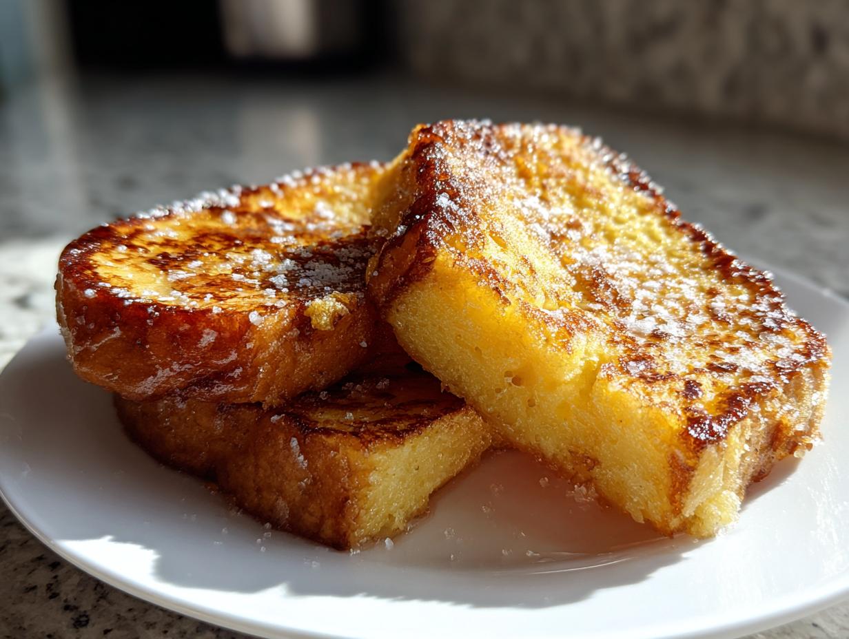 Plato con torrijas doradas espolvoreadas con azúcar, típicas recetas de Semana Santa