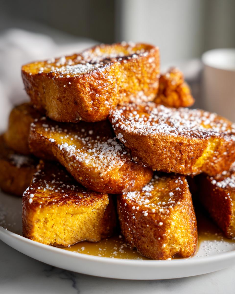 Torrijas doradas espolvoreadas con azúcar glas en un plato blanco, receta de Semana Santa