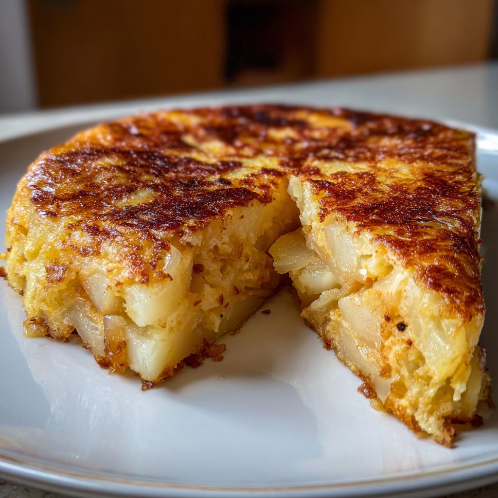 Tortilla de patatas jugosa con textura cremosa y corte mostrando patatas cocidas