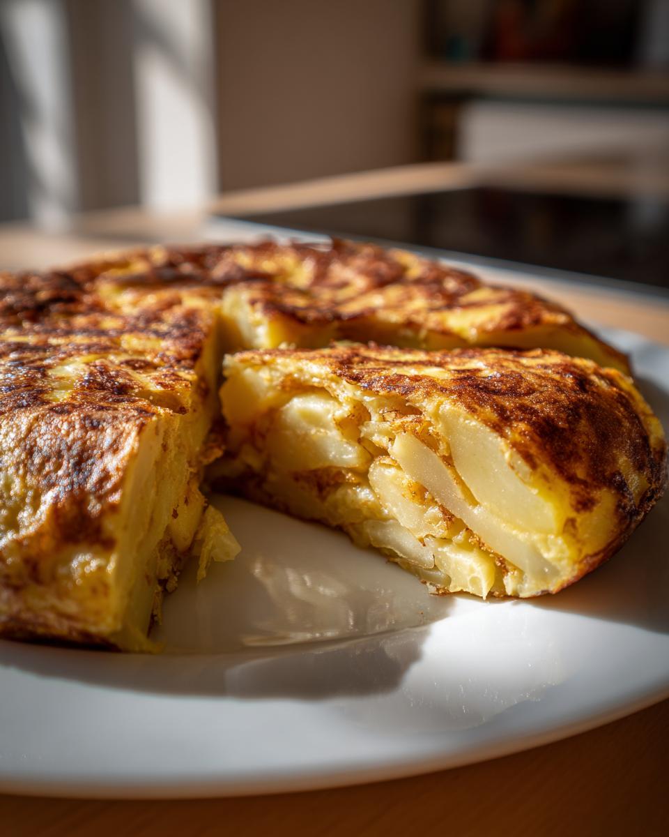 Tortilla de patatas jugosa cortada mostrando su interior cremoso y dorado