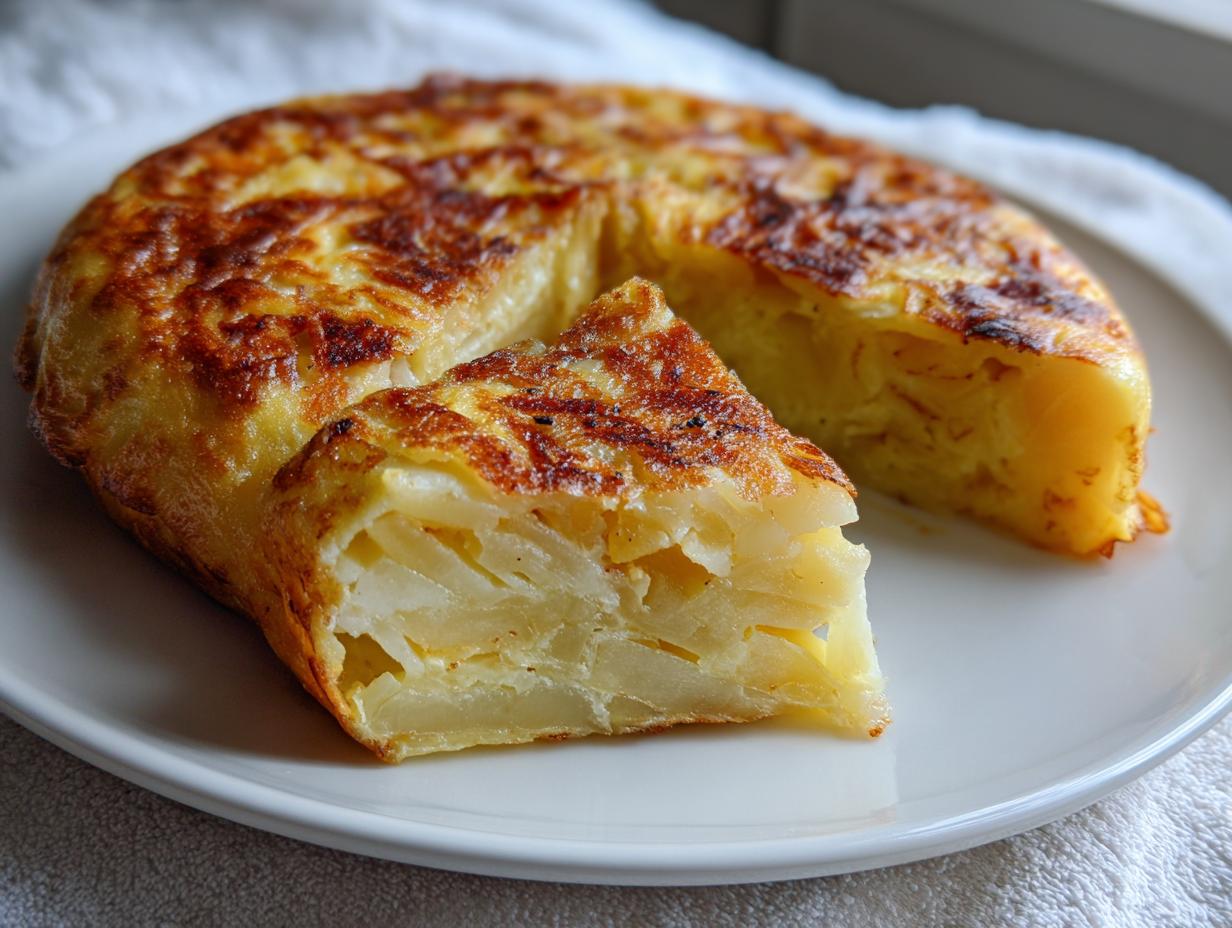 Tortilla de patatas jugosa con textura cremosa y corte triangular en plato blanco