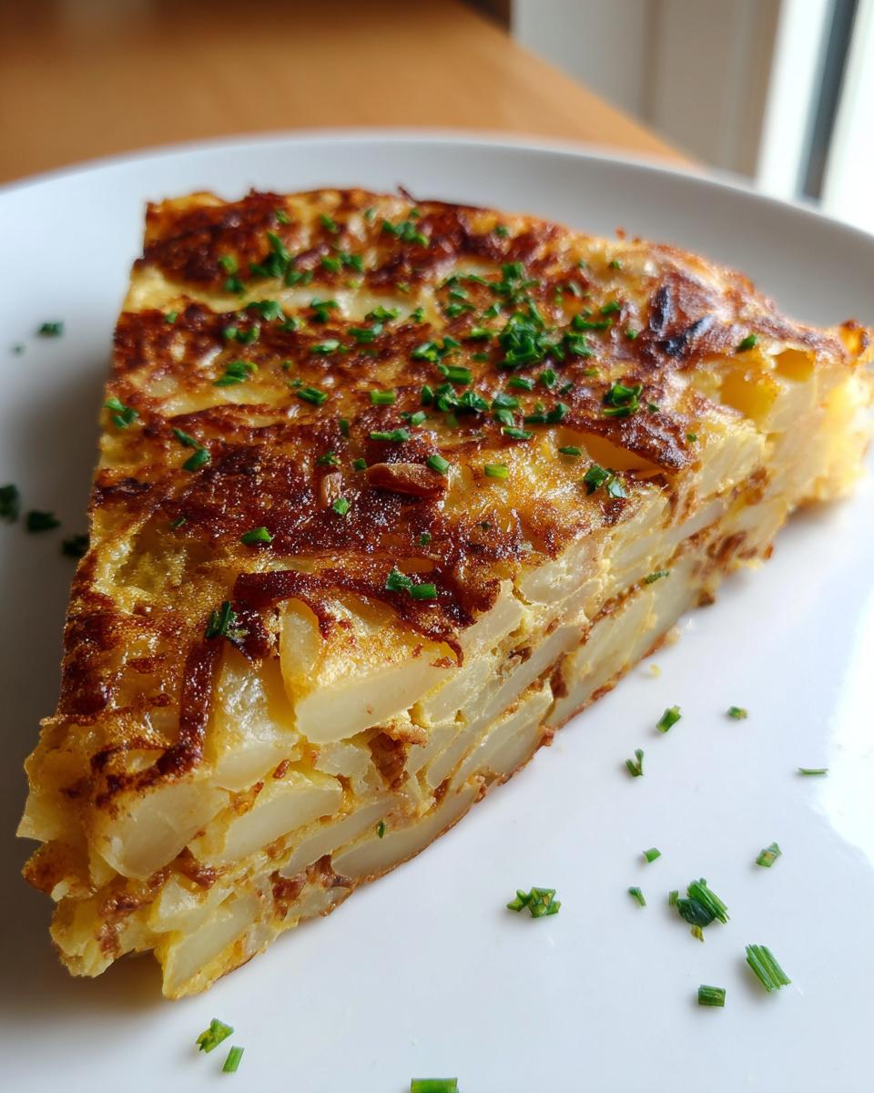 Porción de tortilla de patatas jugosa con cebollino picado sobre plato blanco.