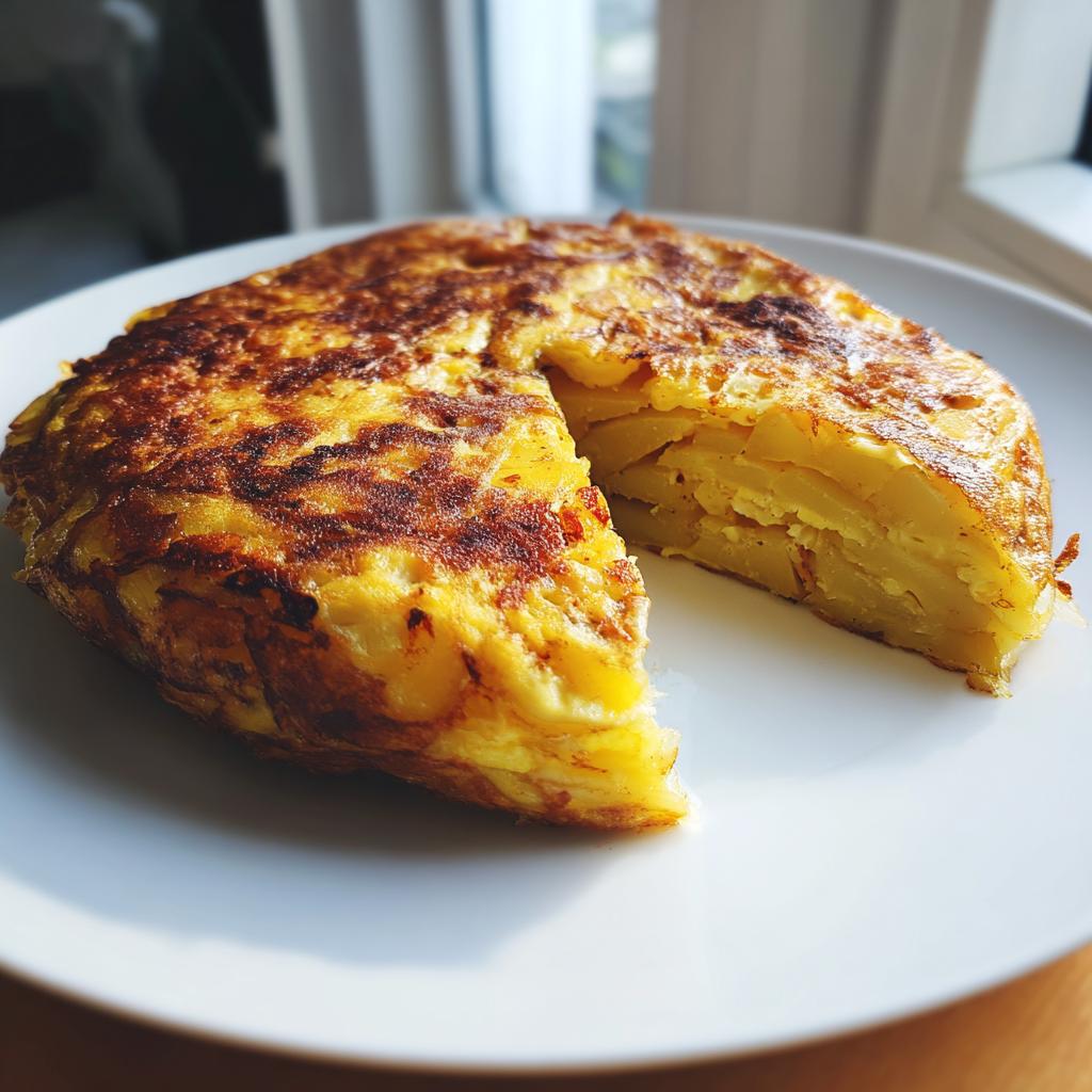 Tortilla española clásica dorada con una porción cortada en un plato blanco.