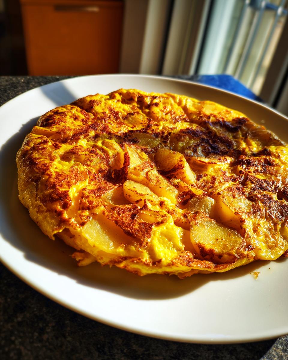 Tortilla española clásica dorada con trozos de patata en plato blanco.