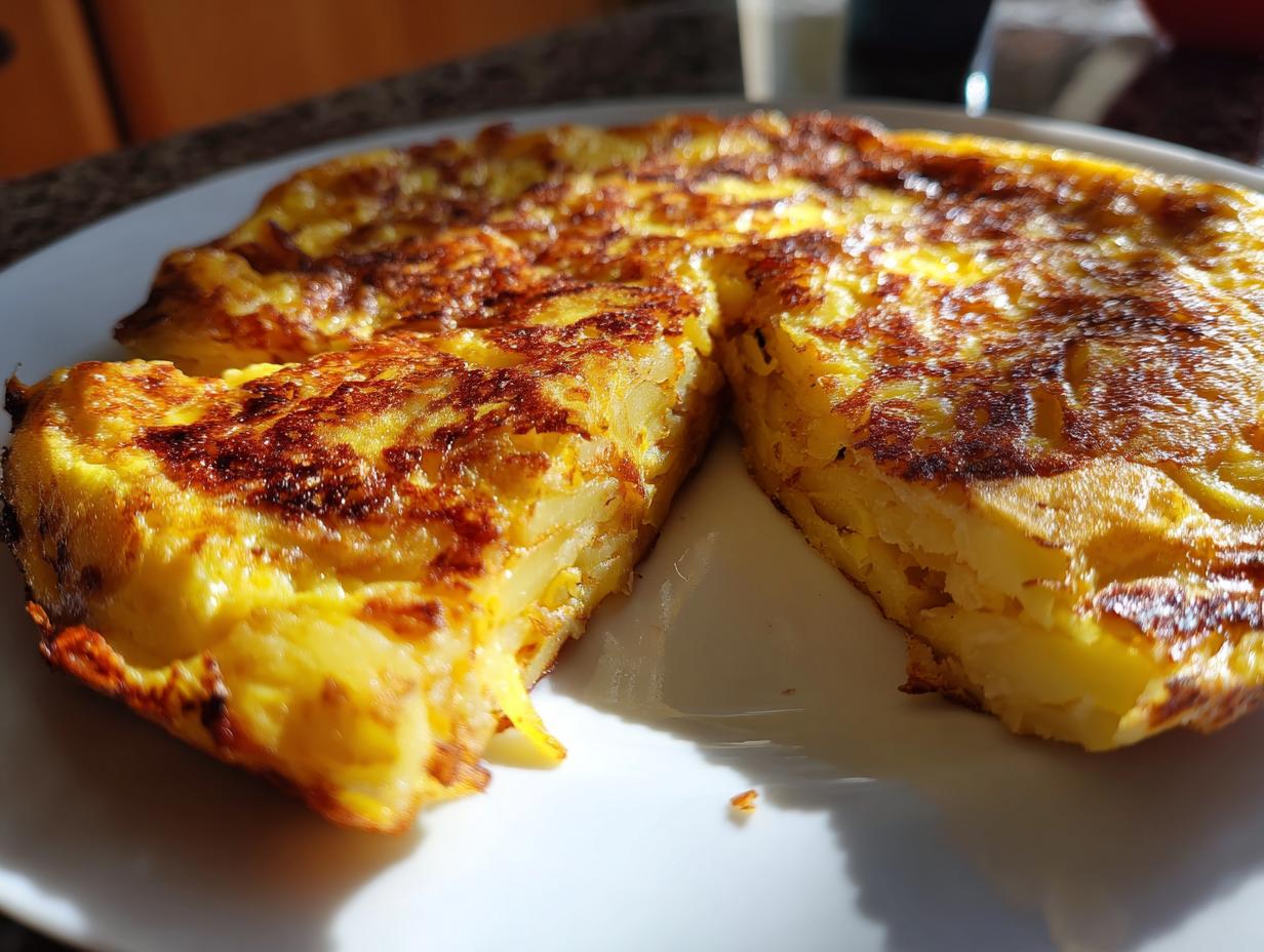 Tortilla española clásica con un trozo cortado mostrando su interior jugoso y dorado