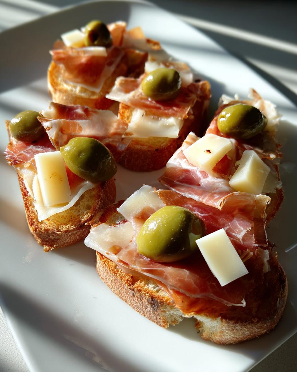 Tostas con jamón, queso y aceitunas verdes, una tapa para Feria de Abril en un plato blanco