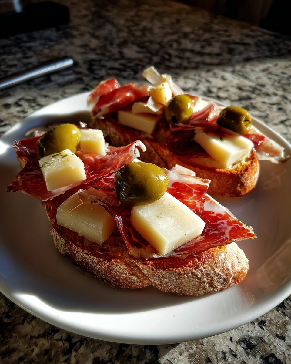Tostas con jamón, queso y aceitunas verdes sobre plato blanco, tapas para Feria de Abril.