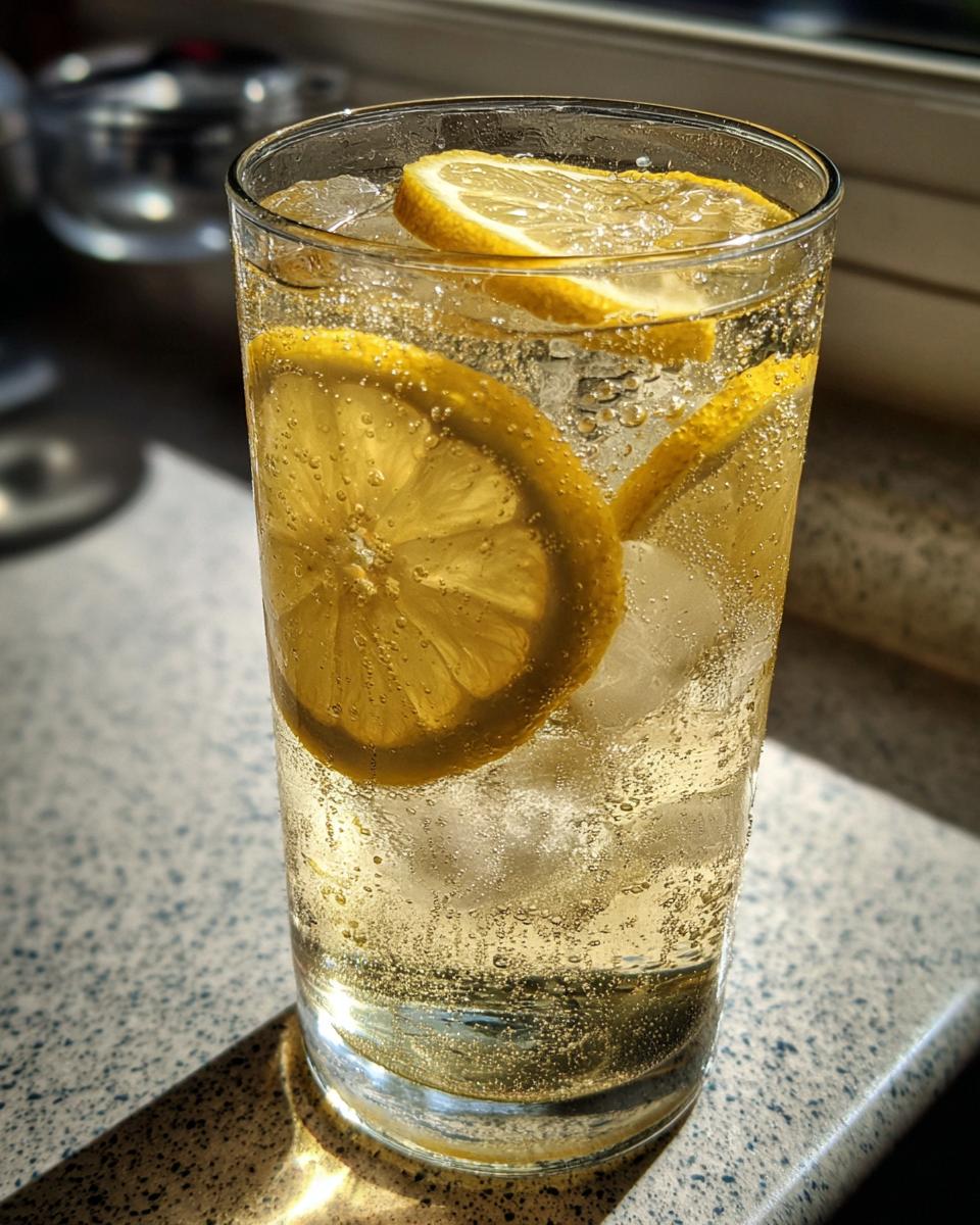Vaso con rebujito, rodajas de limón y hielo burbujeante al sol