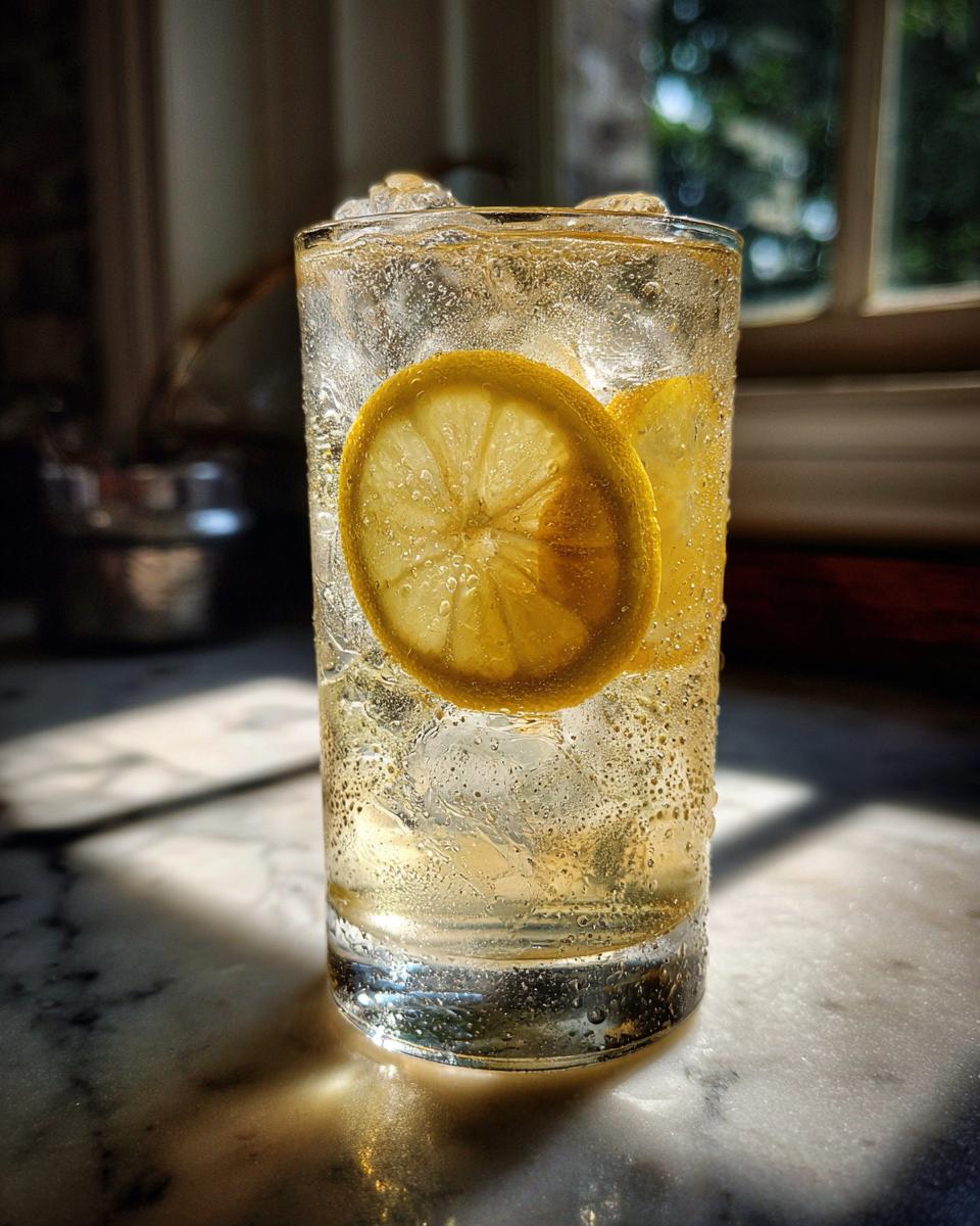 Vaso de rebujito con rodajas de limón y hielo burbujeante sobre mesa de mármol