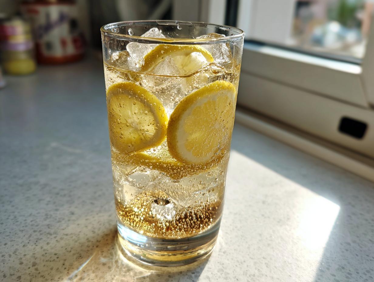 Vaso transparente con rebujito, rodajas de limón y cubitos de hielo en una superficie clara.