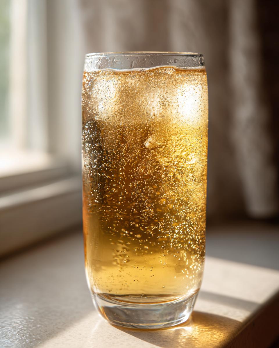 Vaso alto con refresco casero tipo cream soda dorado y burbujeante con hielo