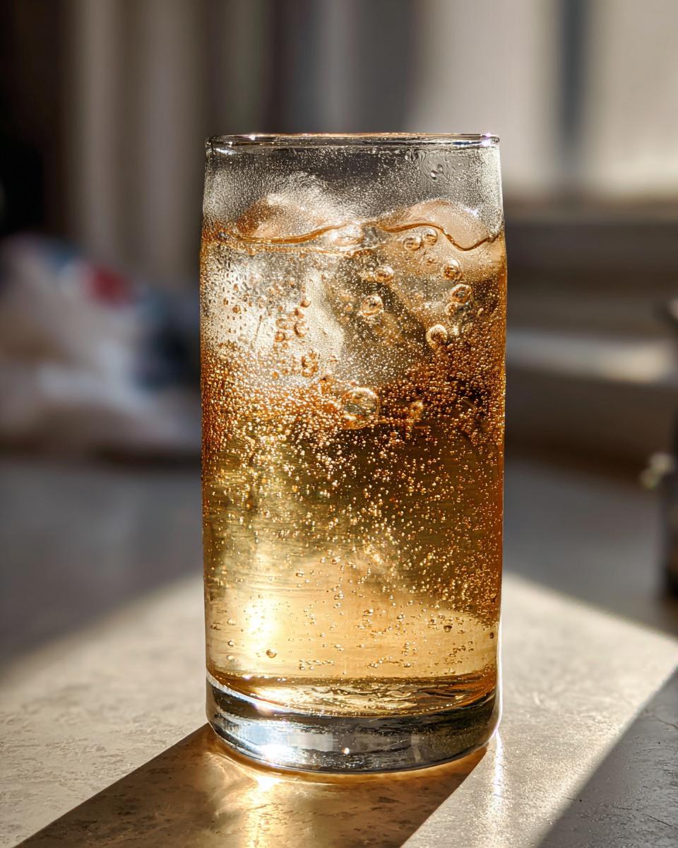 Vaso alto con refresco casero tipo cream soda burbujeante y hielo.