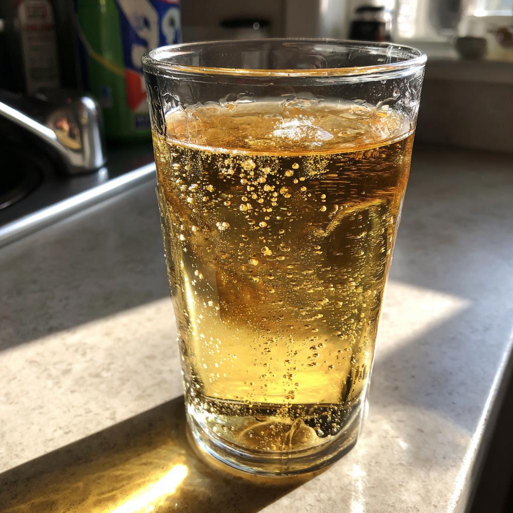 Vaso transparente con refresco casero tipo cream soda dorado y burbujeante sobre una mesa