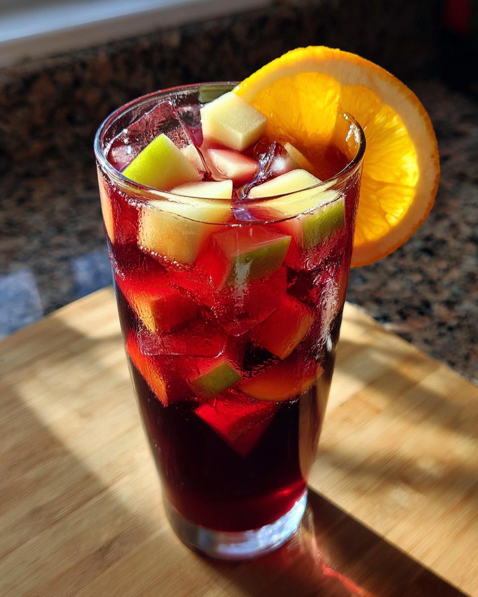 Vaso alto con sangría sin alcohol, cubos de frutas y rodaja de naranja